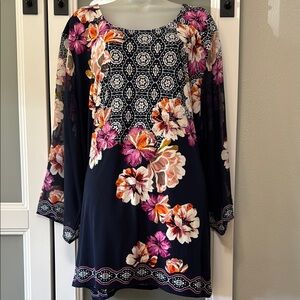 JM Collection Blue Pink Graphic Long Sleeve Blouse